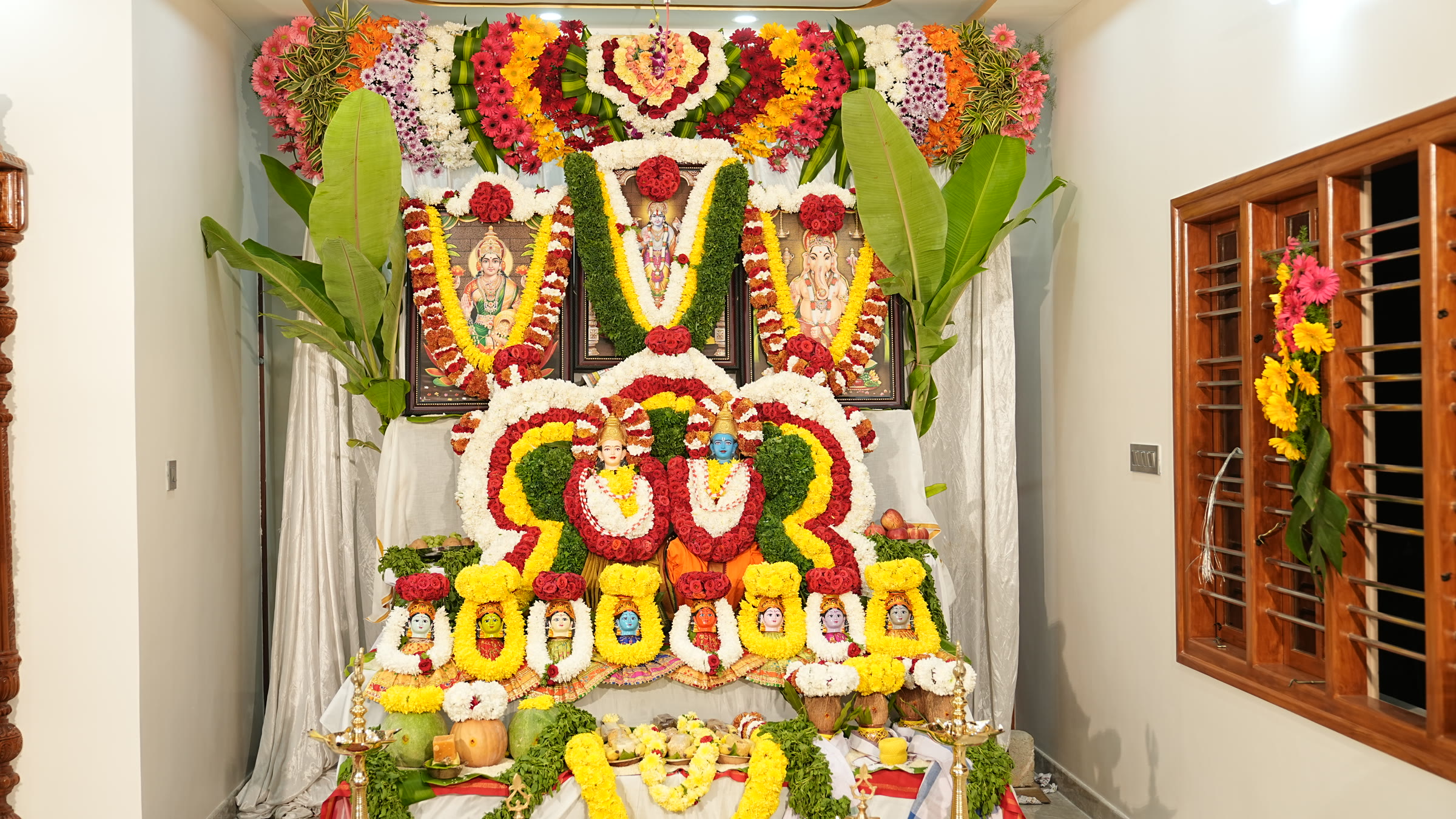 Floral altar decorated for a Griha Pravesha ceremony, Bangalore